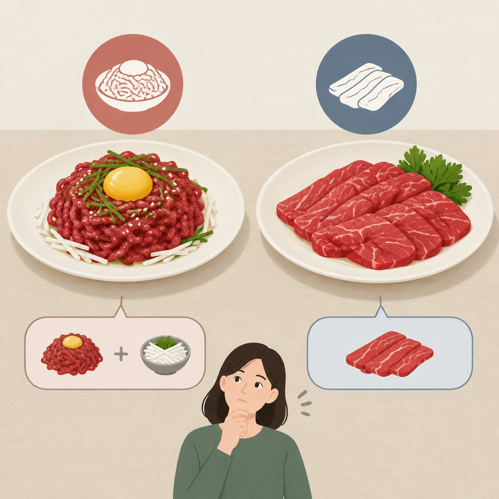 AI 생성 설명 이미지: 안산일동한우 유니드정육식당 | ‘육회’와 ‘생고기’ 메뉴명 구별하기